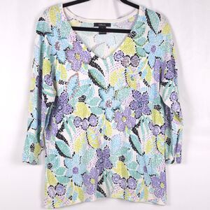 CDP & Co Womens XL Spring Floral Sequin Embellished Top Blouse 3/4 Sleeve V Neck
